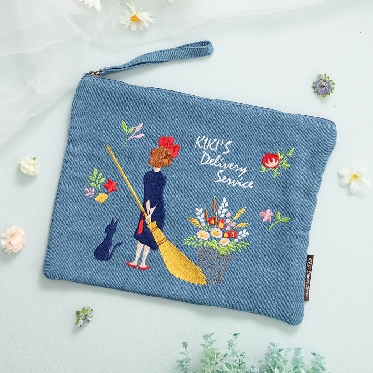 ブラックWデニム♡刺繍のA4すっぽりクッタリ肩掛けバッグ♡ ブラック レザーショルダーバッグ、マルニメンディング刺繍入り